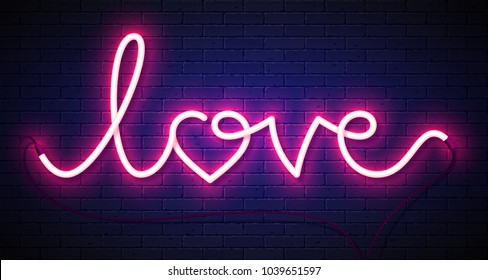 Word Love neon sign on brick wall background. Valentine's Day greeting card, poster, flyer or banner design element, vector illustration