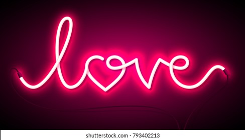 Word Love neon sign. Valentine's Day greeting card, poster, flyer or banner design element, vector illustration