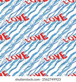 word Love on  blue ocean sea waves seamless pattern, original lovely marine theme, romance, Valentine's Day wallpaper for banner, wrapping paper, greeting card