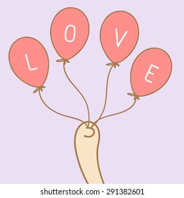 The word "LOVE" on pink balloons with violet background. Vector illustration.