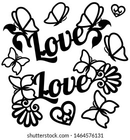 The word love pattern with butterflies and laser-cut colors