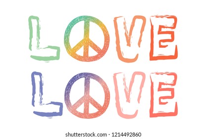 The word love with peace symbol and colorful typography.
