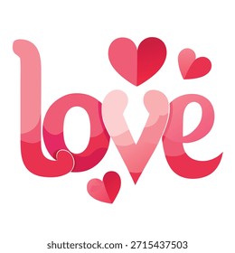 La palabra AMOR en letras degradadas rosas y rojas con corazones sobre fondo blanco Palabras claves: amor, palabra, texto, letras, corazones, rosa, rojo
