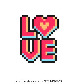 Word love in pixel art style. Symbol for Valentine's Day. Vector icon isolated on white background