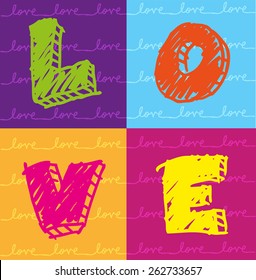 The Word Love in Pop Art Sketch style with Numerous Italicized Love text connected in the background. Holiday and Courting concept.