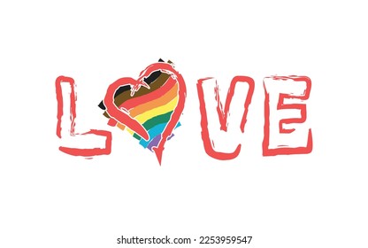 A word "LOVE" with rainbow pride flag on heart drawing .