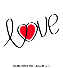 Word Love with red heart. Flat design Happy Valentines day card. Black text lettering. Wedding decoration element. White background. Isolated. Vector illustration