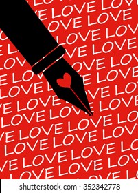 The word Love repeated in white text on a red background above which is a black fountain pen outline with a red heart shape on the nib