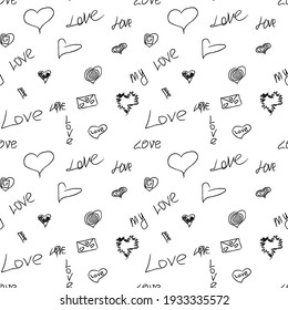 word "love" seamless pattern black and white. in English. Pencil lines. Valentine's Day. Cover design for notebook, diary. repeating word. print for fabric, invitations, wedding, greeting cards. scrib