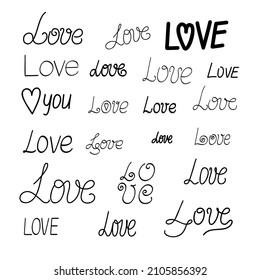 Word Love set simple calligraphy vector illustration, symbol of St Valentines day celebration, decor for love holiday, hand written trendy design element, abstract romantic lettering