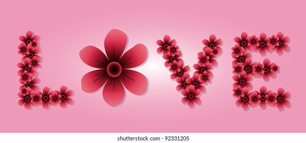The Word LOVE Spelled With Pink Flowers for Valentines Day. Vector Illustration.