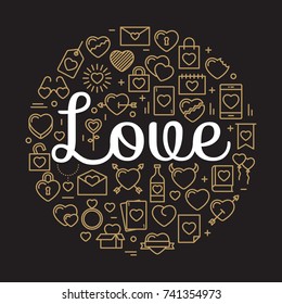 The word Love surrounded by icons and hearts. Vector background illustration for Valentine?'s day, wedding, celebration.
