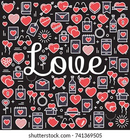 The word Love surrounded by icons and hearts. Vector background illustration for Valentine's day, wedding, celebration.