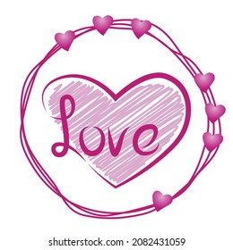 the word "love" surrounded by small hearts