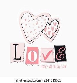 Word Love and two hearts, hand drawing, modern card for Valentine s day, collage for wedding invitation design, romantic date, anniversary. Vector clip-art isolated on white background.