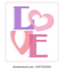 Word love typography with heart. Greeting card with letters and hearts in frame on white background in retro style. Design for valentine's, wedding, birthday, mother's , women's day.