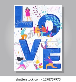 Word LOVE typography on creative concept poster for Valentine Day. Romance and dating couples in love. Tiny people flat design style vector graphic illustration.