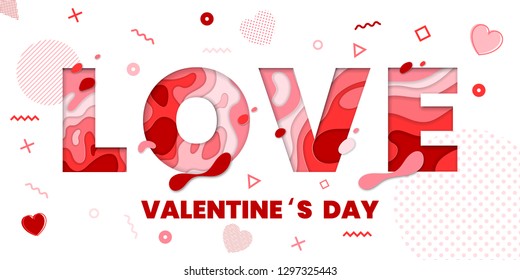 Word Love and Valentine's Day greeting card with paper cut.Vector confetti decoration pattern of color multilayer numbers for celebration background
