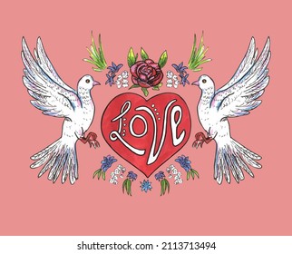 Word Love written by lettering on red heart with flowers and two white doves. Valentine's Day greeting card. The trace of hand drawing.