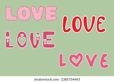 Word love is written different decorative fonts You can use each element separately or design as whole Happy Vector greeting Valentine's Day Wedding Invitations Greeting card Pink Red letters Heart