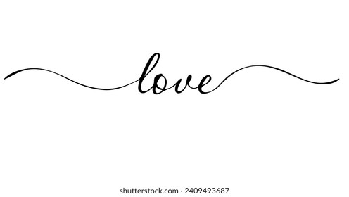 Das Wort Love ist in Handschrift geschrieben, Kalligrafie. Es gibt schwache Linien an den Seiten, die den Text fliegen lassen. Schwarzer Text auf weißem Hintergrund. Als Dekorationen für Poster, Banner, Postkarten