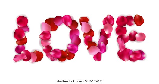 The word love is written with rose petals on a white background