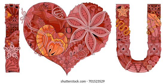 Word I LOVE YOU for coloring. Vector decorative zentangle object