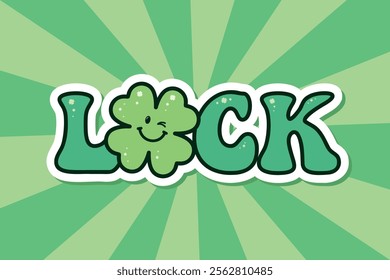 word luck, St.Patricks Day sticker with four leaf clover, groovy lettering for t-shirts graphics, banners, posters, cards, green vector illustration