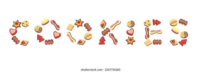 Palabra compuesta por varias cookies. Composición de letras aisladas del vector. 