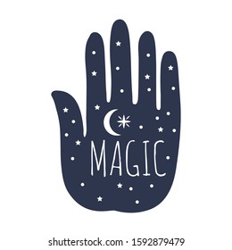 word magic, crescent moon and stars inside human hand, vector