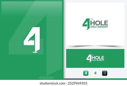 Word mark logo forming the negative space of the golf course flagpole in the number four with green color