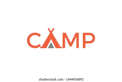 Word mark logo forms a camping tent Symbol in the letter A with orange color