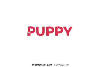 Word mark logo forms negative space of puppy in the letter P 