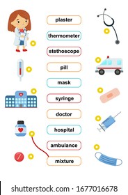 Juego educativo de juego de palabras. Aprender inglés. Medicina y salud. Un buen doctor de caricaturas. Hoja de trabajo para niños.