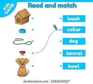 Word match educational game. Learning english vocabulary. Page of activity book for children. Printable worksheet for preschool and school kids. Cartoon dog and pet accessories. Isolated vector design
