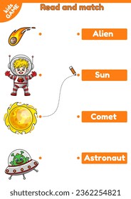 Word match kids educational game with cartoon astronaut, star Sun, comet and alien. Read and pencil connect space objects and words. Exercise for children practice English reading and spelling. Vector