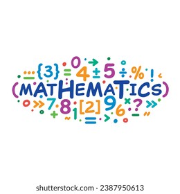 Wortmathematik auf weißem Hintergrund, verstreute mathematische Symbole. Mathematik-Konzept mit bunten Symbolen