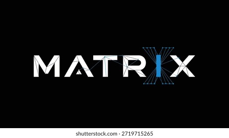 A palavra "MATRIX" é exibida em caracteres negrito e branco sobre um fundo preto. As letras estão interligadas com linhas e pontos finos azuis,