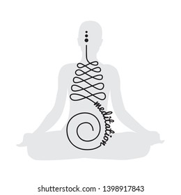 Word meditation as a part of Buddhist symbol for life path with human figure in meditative pose in behind