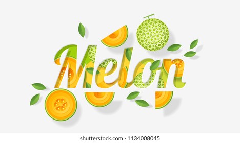 Word melon design decorated with melon fruits and leaves in paper art style , vector , illustration