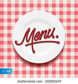 Word Menu - made up of red sauce on a white plate, vector Eps10 illustration.