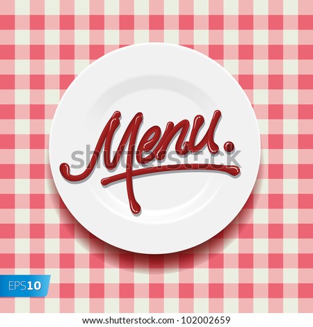 Word Menu - made up of red sauce on a white plate, vector Eps10 illustration.