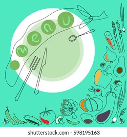The word "Menu" on a plate with vegetables.