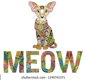 Word MEOW with a drawing of a cat. Vector zentangle object for decoration