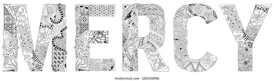 Wort MERCY. Vektordekoratives Zentangle-Objekt zum Färben