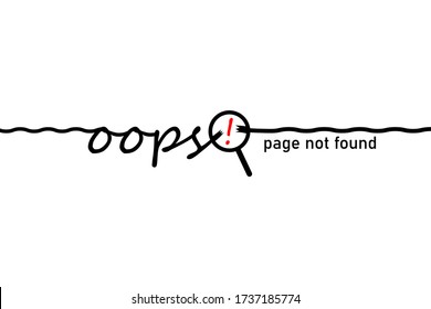 Word, message oops. Disconnect and page not found. Thin line with wire break and magnifying glass, loupe. Minimal badge fail and error. Vector illustration on white background.