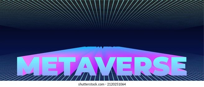The word metaverse in perspective between surface grids, the word metaverse going to infinity, metauniverse vector, pseudo 3d render 