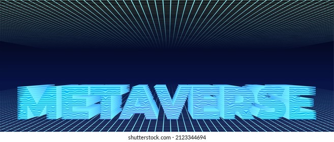The word metaverse in perspective between surface grids, the word metaverse going to infinity, metauniverse vector, pseudo 3d render 