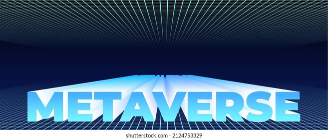 The word metaverse in perspective between surface grids, the word metaverse going to infinity, metauniverse vector, pseudo 3d render 