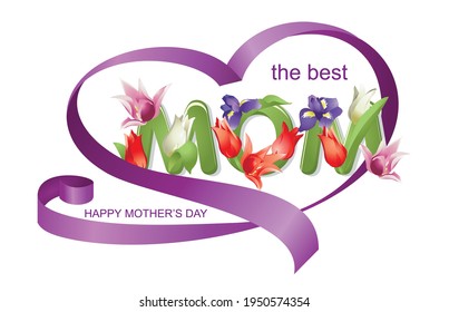 The word mom is decorated with tulip flowers, irises and surrounded by a heart-shaped frame made of purple ribbon on a white background. Vector illustration. Holiday card for Mother's Day.